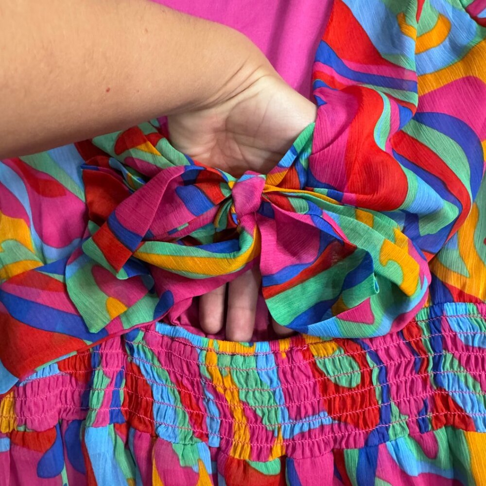 Vibrant Casual Swing Skater Mini Tiered Dress Disco/Retro Tie Dye Pattern - Picture 3 of 4